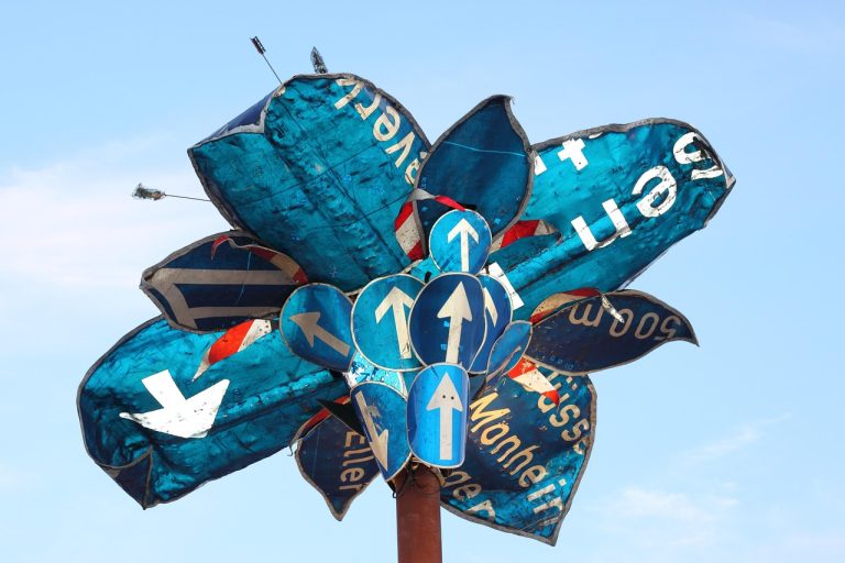 panneau de signalisation, palmier, panneaux de signalisation, la flèche, bleu, signer, information, direction, circulation, droite, la gauche, un avis, tourner, courbe, marquage routier, rue à sens unique