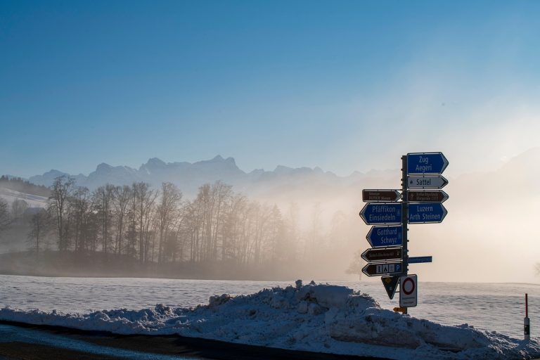 hiver, route, nature, panneau de signalisation, neige, brouillard, suisse, rue, en plein air, brumeux, après midi