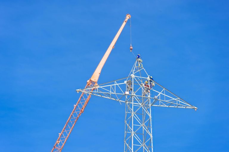 grue, tour électrique, construction, ouvriers, travail aérien, tour émettrice de, pylône électrique, électricité